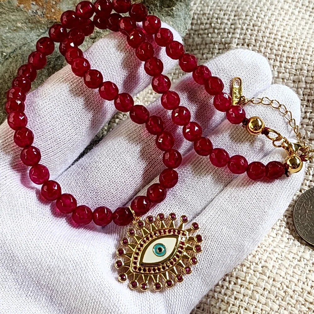 Natural Raw Garnet Stone Hypoallergenic Jewelry 14K Gold plated Eye Pendant